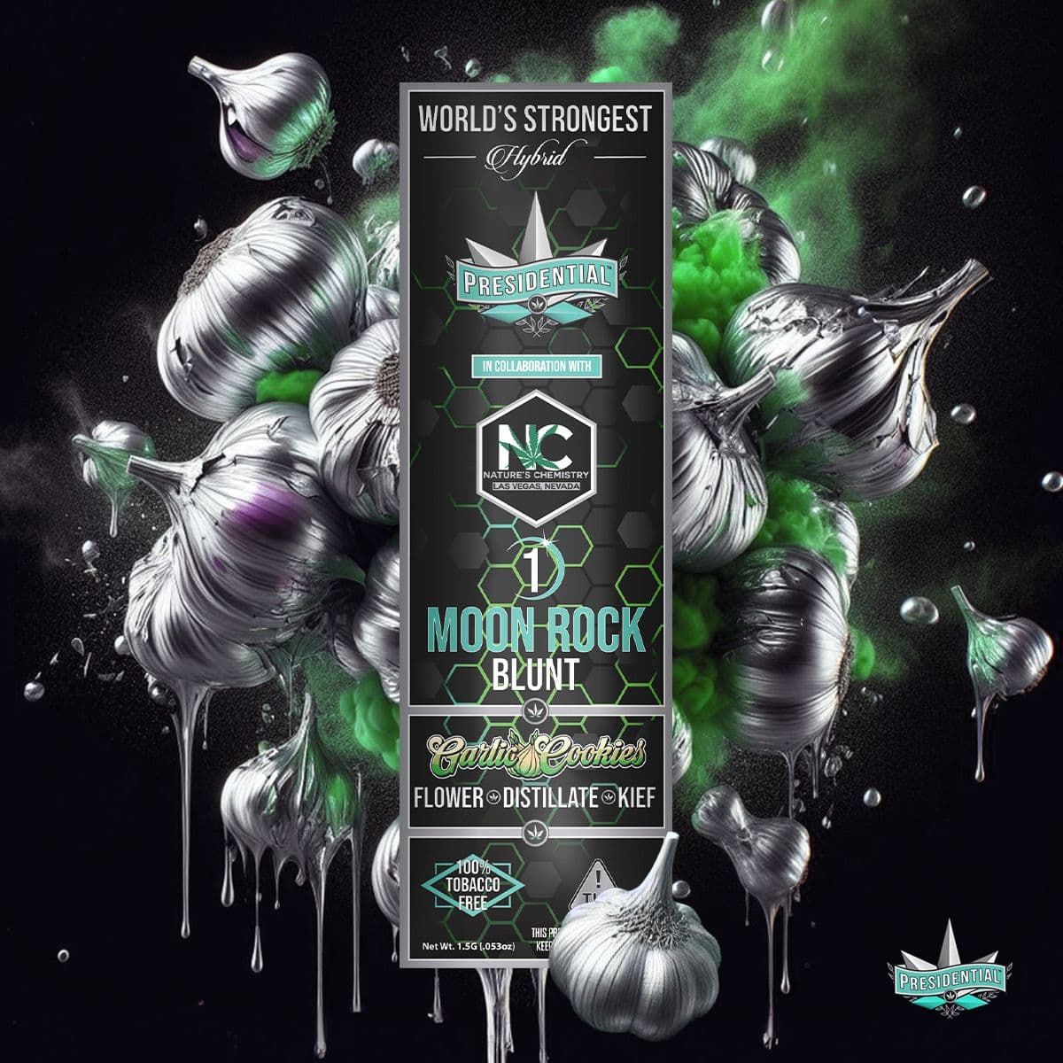 Garlic Cookies Moon Rock Blunt tube among dripping chrome garlic, tobacco-free badge visible