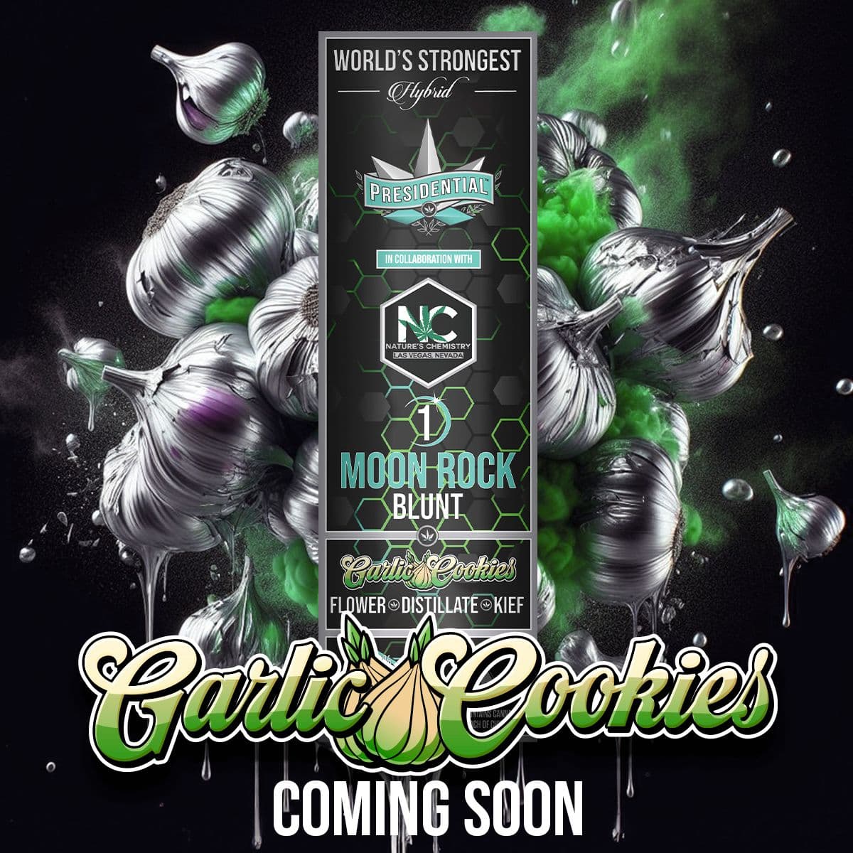 Garlic Cookies Moon Rock Blunt coming-soon graphic with chrome garlic bulbs and green smoke