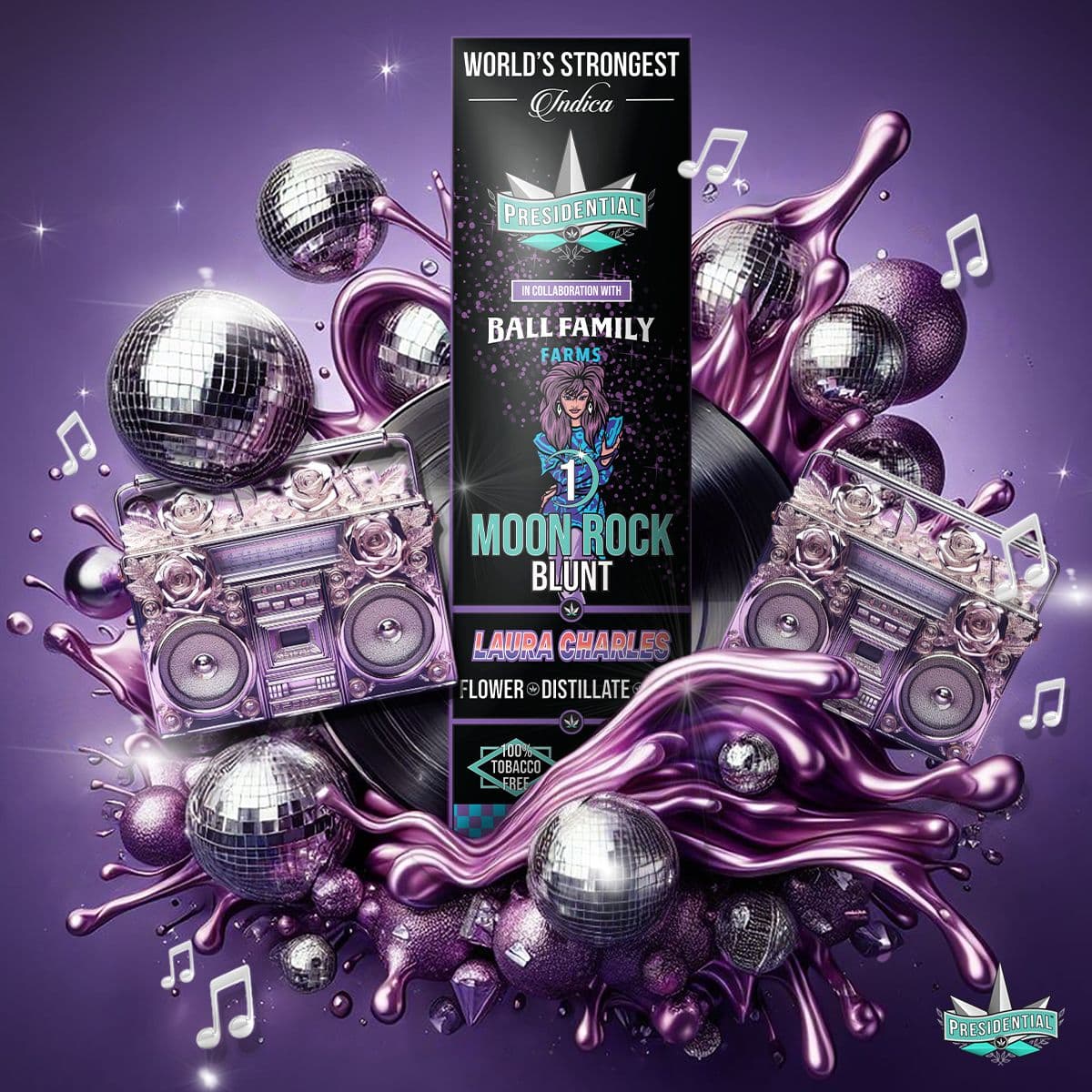 Laura Charles Moon Rock Blunt among disco balls, boomboxes, and purple vinyl