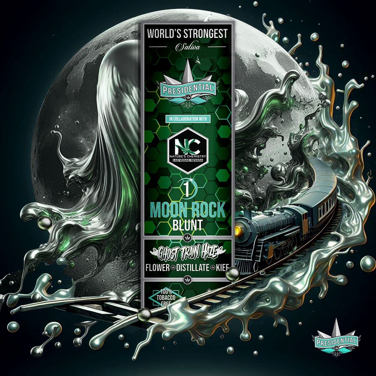Ghost Train Haze Moon Rock Blunt with a locomotive circling a silver moon