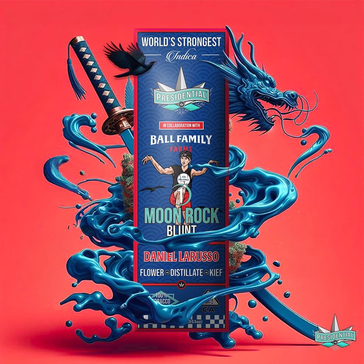 Daniel LaRusso Moon Rock Blunt with katana and blue dragon on red backdrop