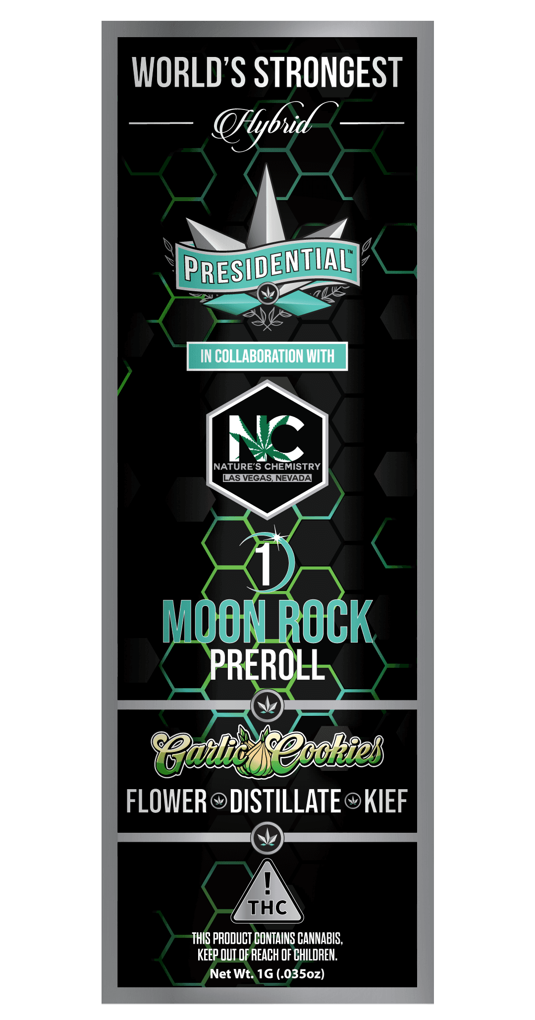 Garlic Cookies Moon Rock Preroll label on green hex grid with THC warning triangle