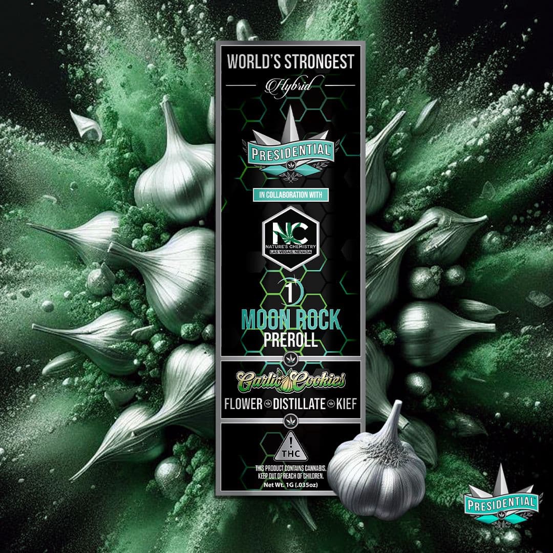 Garlic Cookies Moon Rock Preroll tube amid silver garlic and green powder burst