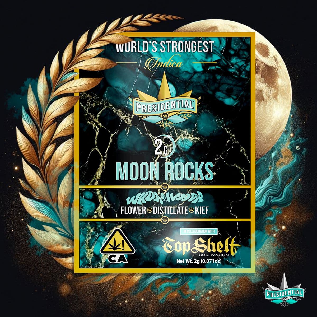 Whoa Si Whoa Moon Rocks box in gold-veined teal marble with Top Shelf mark