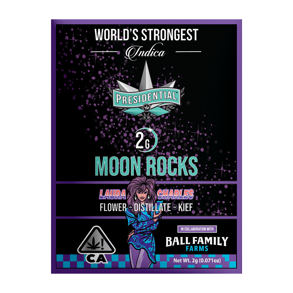 Laura Charles Moon Rocks label with purple-haired figure on sparkling black