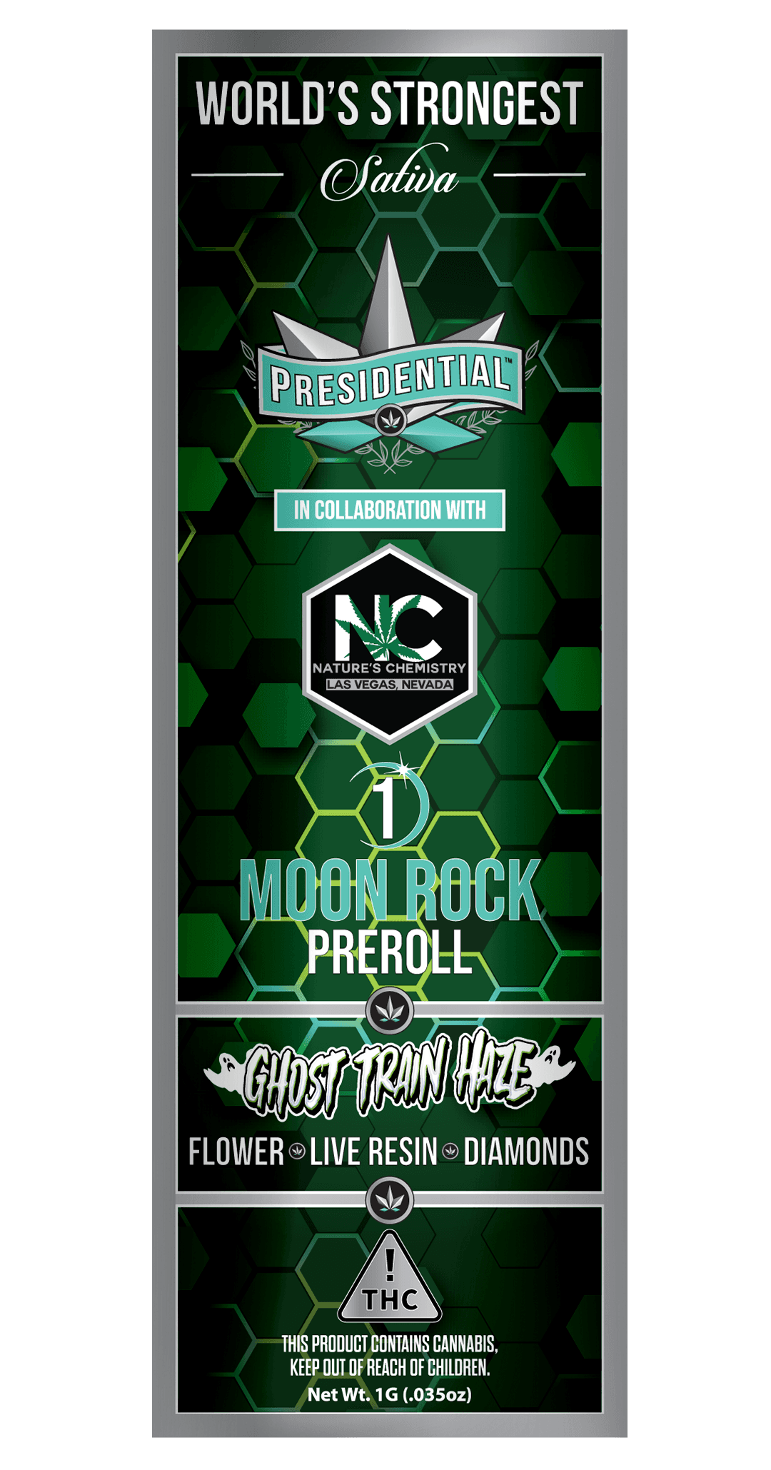 Ghost Train Haze Moon Rock Preroll label on a dark green honeycomb