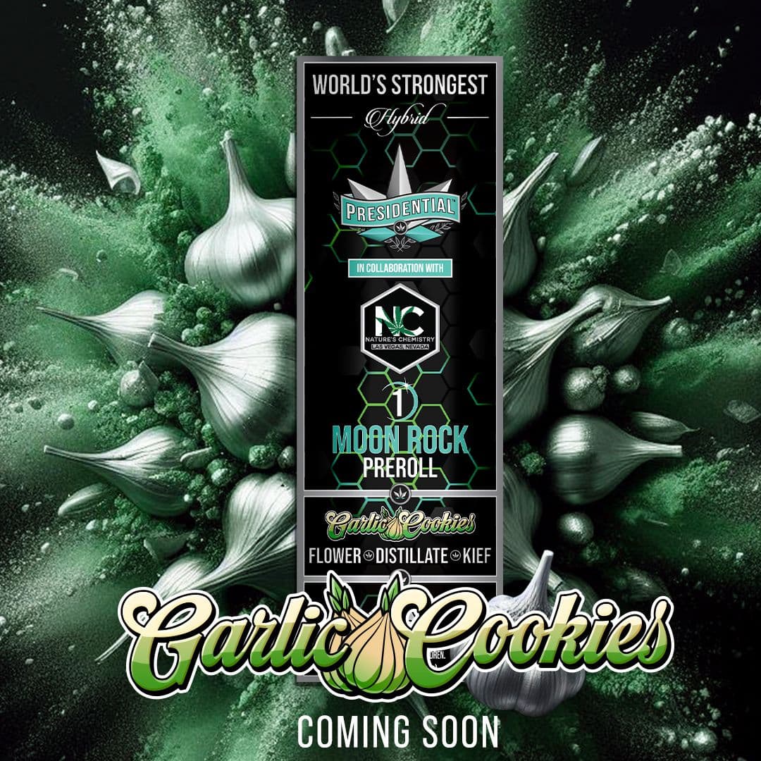 Garlic Cookies preroll coming-soon graphic, tube over green burst and garlic field