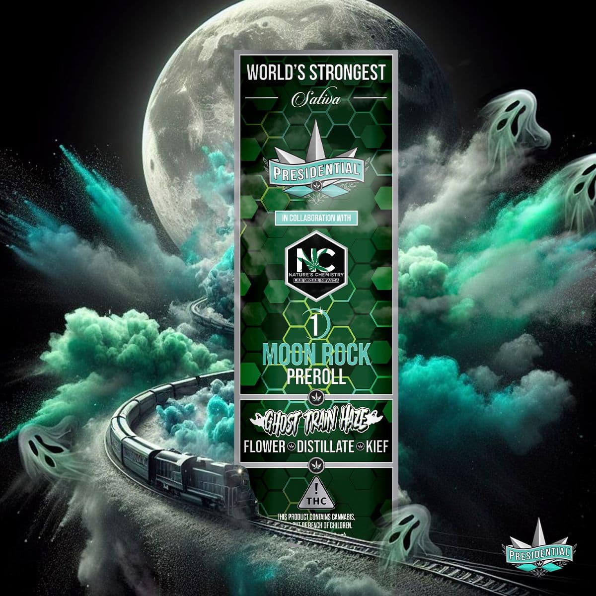 Ghost Train Haze Moon Rock Preroll tube with ghosts and a steam train below