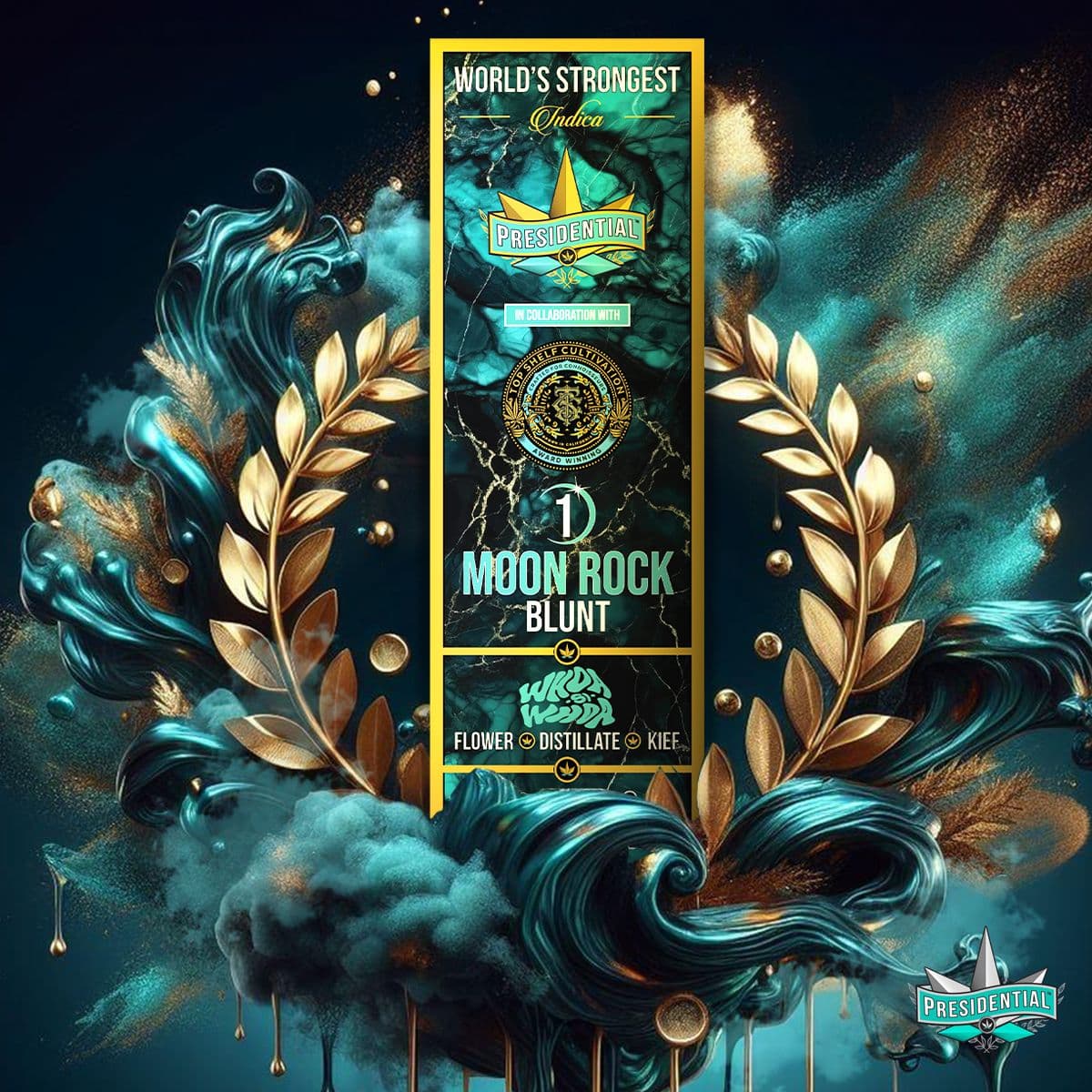 Whoa Si Whoa Moon Rock Blunt framed by a gold laurel wreath and teal smoke